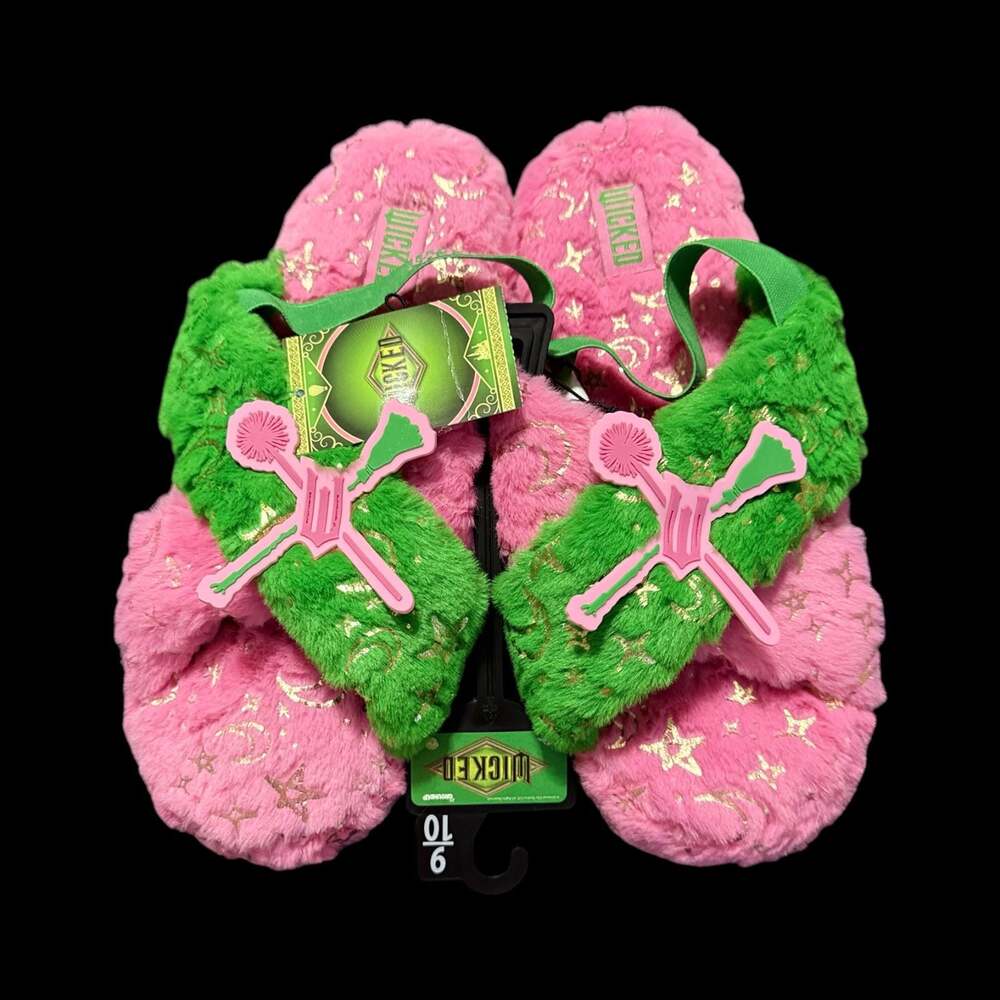 Size Large Wicked Movie 1 Plush Fuzzy Pink and Green Open Toe Slippers - Picture 2 of 4